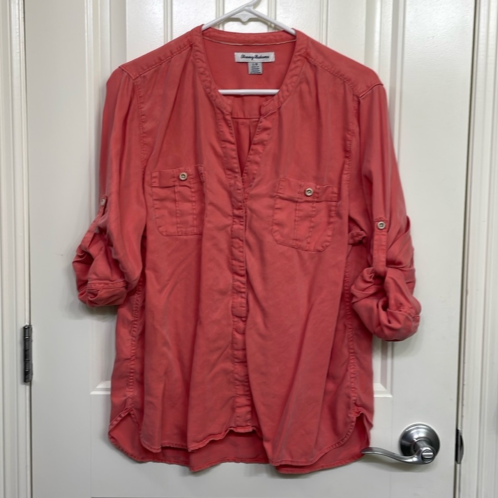 Tommy Bahama Women's Top Shirt Button Up Roll Tab Sleeve Coral Size L